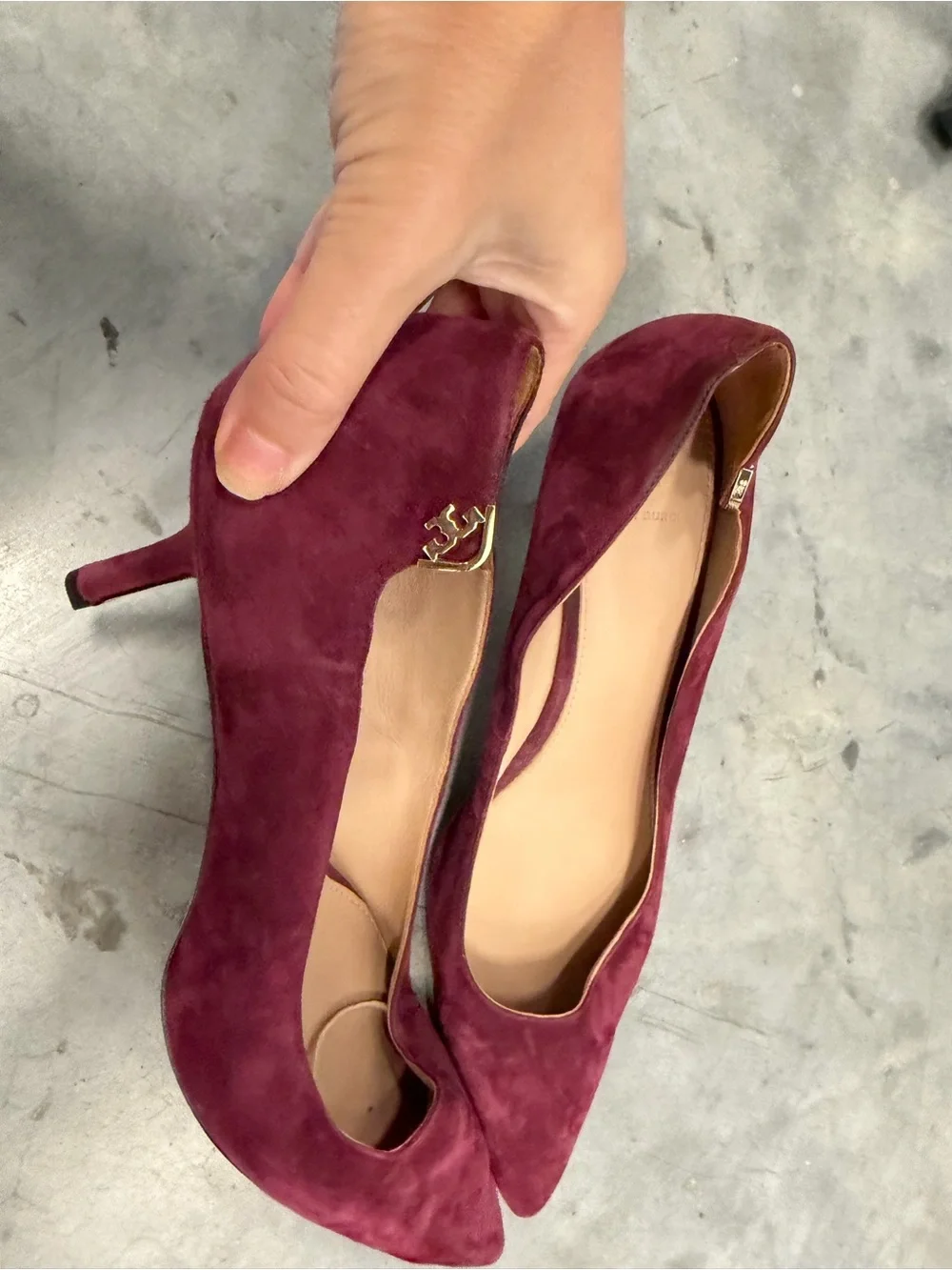 Tory Burch Wine Suede Pointed-Toe Pumps with Gold Accent
